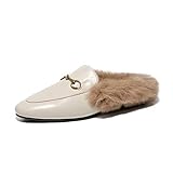 slipper samt damen Verschluss: Schnellverschluss Zhenwo Damen Flache Slingbacks Pantoletten Mit Fell Leder Slipper Samt Mules Warm Loafers Schuhe,Weiß,39