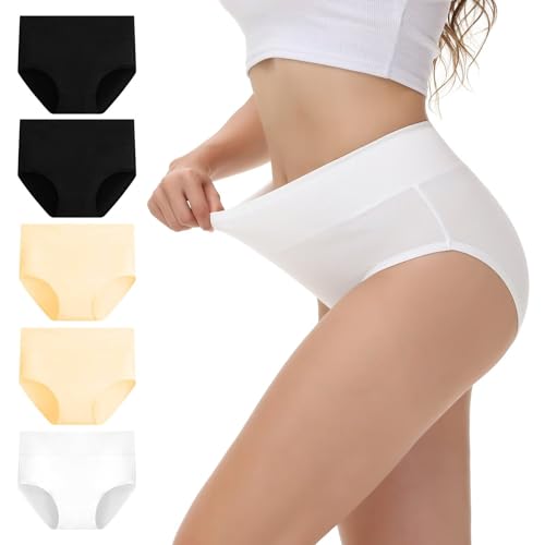 NUOZA Mutande Donna Cotone Vita Alta Intimo Culotte Donna Mutandine Elastico Traspirante Underwear Pancia Piatta Pacco da 5 Briefs Nero Bianco Beige L