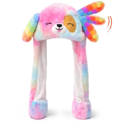 Deletoys Moving Ear Hat Soft Funny Animal Hats Jumping Beating Plush Caps Holiday Cosplay Dress Up Gift for Kids & Adult (Rainbow Dog)