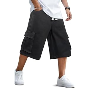 GINGTTO Mens Baggy Jean Shorts Cargo Long Denim Shorts Elastic Waist 15 Inch Inseam Black 32