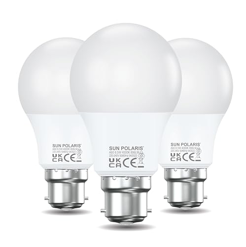 SUN POLARIS Bayonet Led Light Bulb - 8.5 Watt Cool White 4000k Natural Bright, 60W Equivalent B22 Lightbulb, 806 Lumens Ultra Efficient Lightbulbs, BC Non Dimmable GLS Energy Saving Bulbs Pack of 3