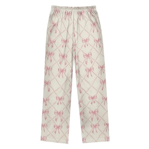 Pajama Pants Sleep Pants Soft Elastic Waist Pajama Lounge Pants Pink Bow Rhombus Plaid for 6-14 Years Old2