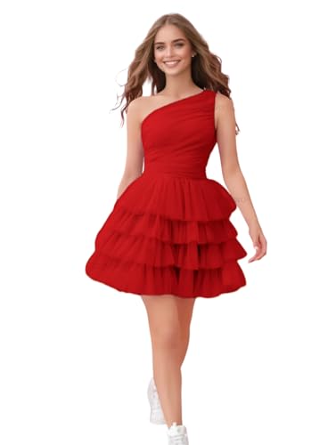 Tiered Tulle Homecoming Dresses for Teens One Shoulder Short Prom Dress A Line Mini Cocktail Party Gown