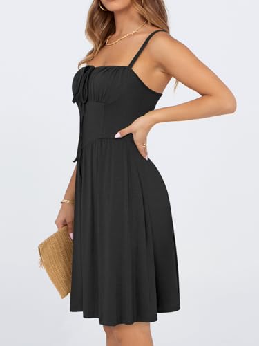 Image of YATHON Summer Mini Corset Sun Dress for Women Short Casual Square Neck Lace Up Floral Beach Vacation Dresses with Pockets