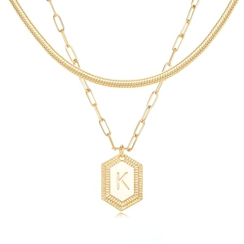 MYEARS Women Layered Necklace Gold Italian Snake Chain Choker Initial Hexagon Halo Radiant Pendant 14K Gold Plated Simple Dainty Paperclip Everyday Trendy Jewelry Letter K MYEARS Women Layered Necklace Gold Italian Snake Chain Choker Initial Hexagon Halo Radiant Pendant 14K Gold Plated Simple Dainty Paperclip Everyday Trendy Jewelry Letter K