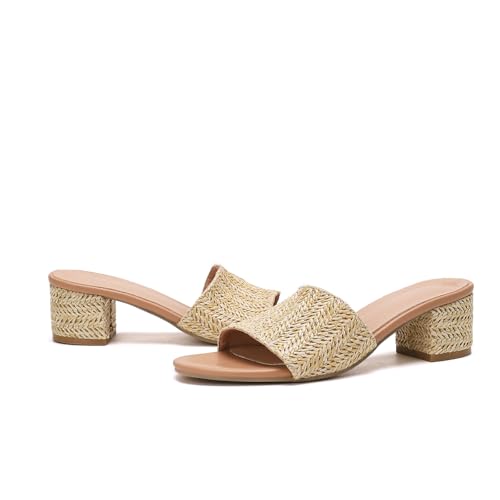 getmorebeauty Raffia Heeled Sandals for Women Chunky Heels Open Toe Slides Mules Sandals Slip On Summer Shoes4