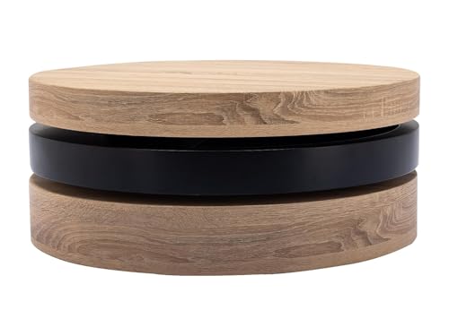 Vente-unique - Table Basse Ronde pivotante Janita – 3 Plateaux modulables, Finition Bois Naturel & Noir, Design Moderne et Pratique, avec Niche intégrée...