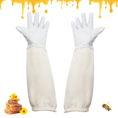 Gants D'apiculture en Peau de Chèvre Gants D'apiculture à Manches Longues Gants en Toile Respirante Unisexe Gants De Protection Apiculteurs équipement D'apiculture (Blanc XL)