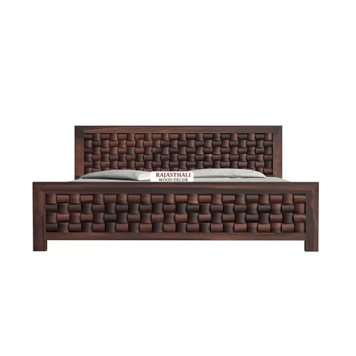 Image of Classic Niwar Style Sheesham Wood King Size Bed Without Storage (81x74 Inch) | Wooden Double Bed Cot for Bedroom Furniture | Modern Palang Bed | Walnut Finish