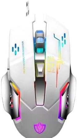 Shipadoo Wired Competitive Gaming Mouse, White, RGB Breathing Lamp, Adjustable DPI 1200/1800/2400/3200, Optical Sensor, ABS Plastic