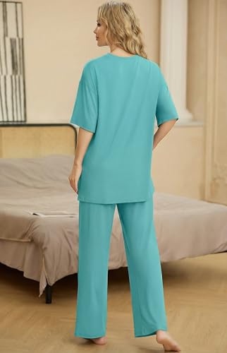 Image of PrinStory Womens Pajamas Sets 2 Piece Lounge Set Short Sleeve Tops and Long Pants Soft Pjs Loungewear with Pockets