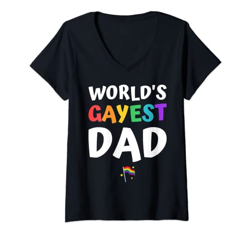 Femme Drapeau arc-en-ciel Gayest Dad Pride avec cœur et inscription Love LGBT Lesbian T-Shirt avec Col en V