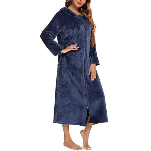 Flodxo Bademantel mit Reißverschluss für Damen, flauschig, Fleece, superweich, Kapuze, Plüsch, lange Länge, warm und gemütlich, Loungewear