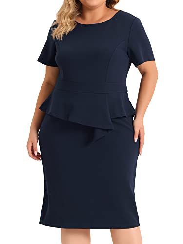 Agnes Orinda Plus Size Business Dresses for Women Short Sleeves Crew Neck Work Office Peplum Pencil Dress2