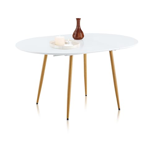 duehome | Oda, Mesa de Comedor Redonda Extensible, Mesa Ovalada, Acabado en Blanco y Roble, Medidas: 100-140 cm (Largo) x 100 cm (Ancho) x 75 cm (Alto)
