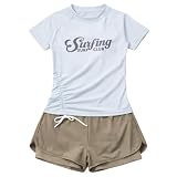 [Teddy] キッズ 水着 女の子 セパレート 半袖ラッシュガード プチハイネック ロゴ ギャザー kids563 (ライトブルー, 170cm)