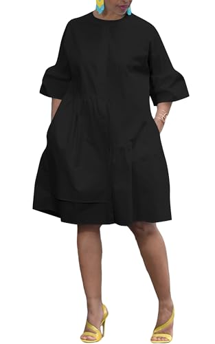 Choichic Button Down Shirt Dresses for Women with Pockets Flare Bell Sleeve A-Line Midi Tunic Dress