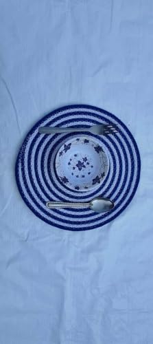 Image of Cotton Rope Placemats, Round Red with White Border, Set of 4, Heat Resistant Table Mats (Blue and White)