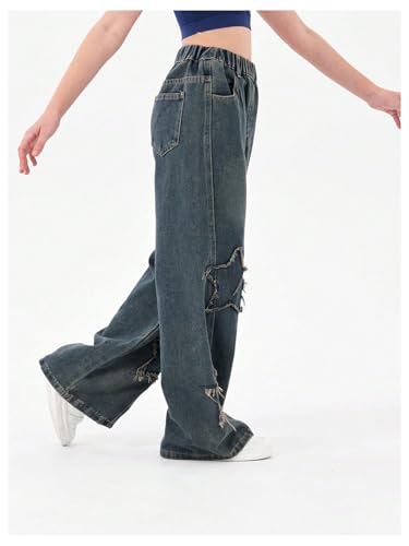 OYOANGLE Girl's Elastic High Waist Wide Leg Jeans Y2K Ripped Pattern Denim Pants with Pocket2