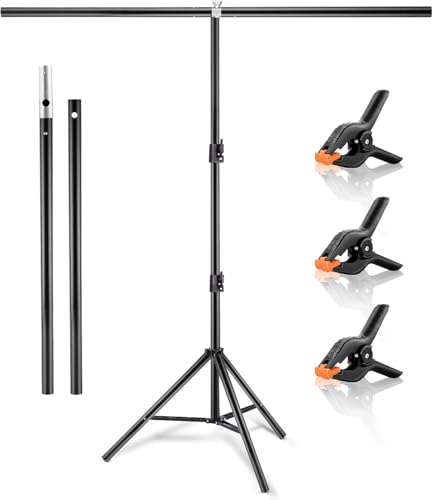 Backdrop Stand Kit T-Shape Portable Backdrop Support Height Adjustable Photo Backdrop Stand with 3 Clip Clamps (2x1.5m/6.5 X 5ft)