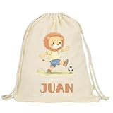 Genérico Mochila bolsa tela de algodón con cuerdas personalizada 42x38 cm. Diseño León jugando Fútbol.