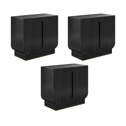 Image of Nathan James Joey Mid Century Modern Buffet Sideboard Storage Cabinet, Arched Accent Cabinet with Rounded Bottom Edges and Integrated Door Pull Cutouts, Black Oak, Set of 3