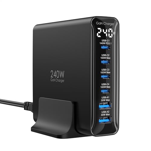 TOPADRE 240W USB C Charger 6-Port, PD3.1 GaN Charger with LED Display Desktop Fast Charging Station for MacBook Pro/Air, iPhone Pro, iPad Pro, Dell XPS, Galaxy, Pixel, Laptops and More, Black