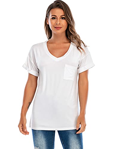 MSHING Women's Casual Short Sleeve V Neck Summer T Shirts Loose Basic Cute Tee Tops White