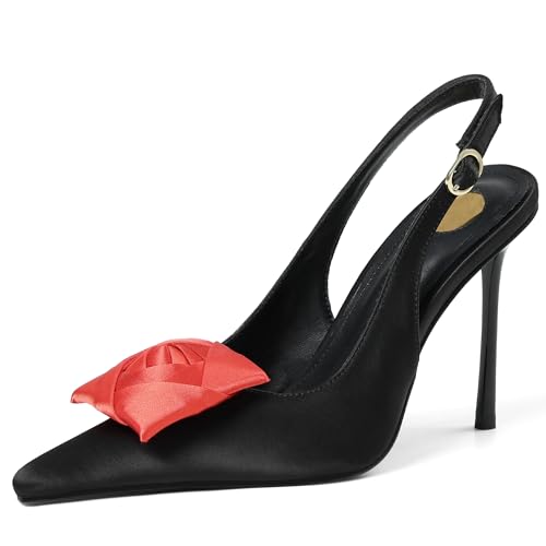 Image of Satin Slingback Pumps Women Floral Knot Pointed Toe Stiletto Heels