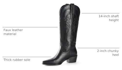 Image of iiimmu Cowboy Boots for Women Black Knee High Boots Pointed Toe and Chunky Heel Western Boots PU Leather Boots with Embroidered, Size 6.5