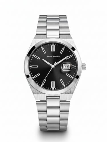 Image of AMERICANVIBER Men's Silver Stainless Steel Watch, Vibrant Green Sunburst Dial, Quartz Analog Movement, Date Display, Faceted Bezel for Men