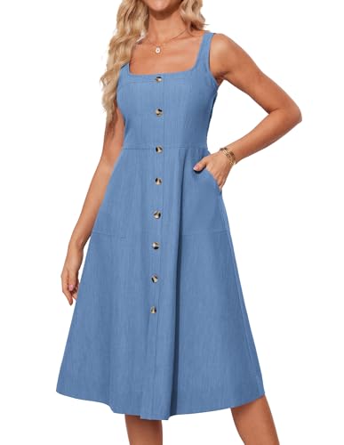 Image of GRACE KARIN Women's Summer Dress 2025 Casual Square Neck Flattering A-Line Button Down Midi Tank Sundress with Pockets