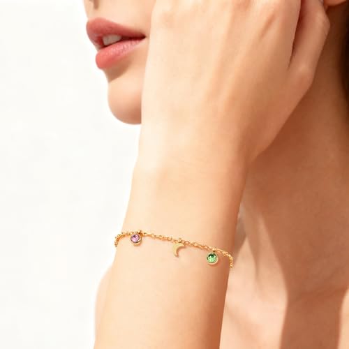 Image of 18K Gold Plated Stainless Steel Dainty Charms Colorful Crystal Birthstone Bracelet Minimalist Cute Jewelry for Women