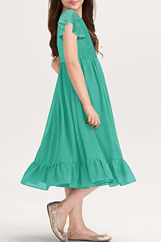Mitilly Girls Elegant Lace Flower Crew Neck Ruffle Chiffon A-Line Flowy Birthday Party Midi Dress 10 Years Lake Green #TOP4