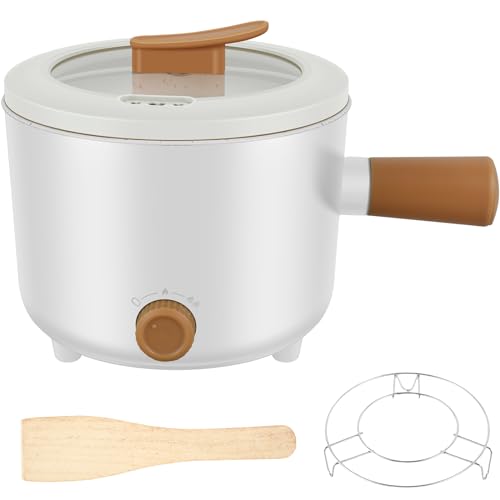 Abizarch Electric Hot Pot with Handle 2 Gear Mini Hot Pot Cooker Non-Stick Electric Cooking Pot 1.8L/55oz Mini Hot Pot with Wooden Spatula Steam Rack Over Heating Boil Dry Protection for Noodles Porri