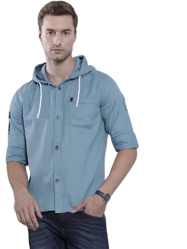Image of Indian Garage Men's Slim Fit Solid Cotton Hooded Shirt Features Hooded Collar, Regular Placket, Full Sleeves, one Patch Pocket, Regular Length, Straight Hem and Button Closure.