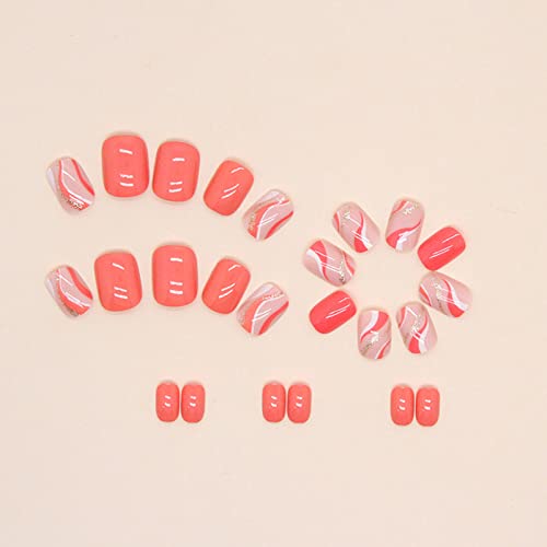 Press On Nail Short, Hot Pink White Waves False Nails With Gold Glitters Design Full Cover Round Head False Nails Bright Colors Acrylic Nails Suitable For Women Girls Spring Summer Party Nails Art #TOP3