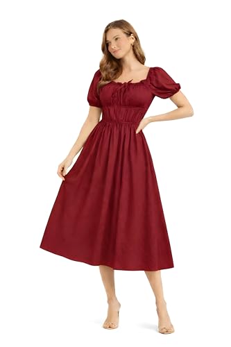 Image of BOOSTY Women's Puff Sleeve Smocked Midi Dress, Square Neck A-Line Dress