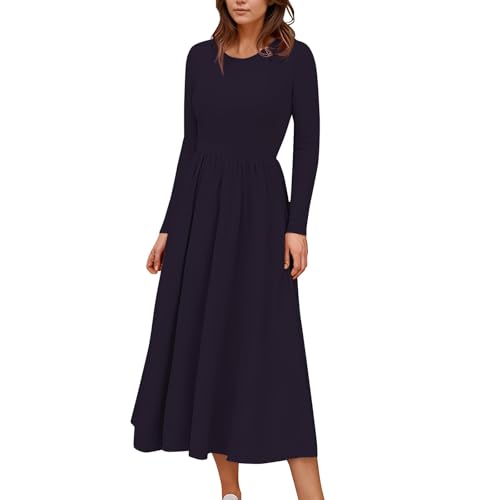 Kleider Damen Lang Elegant Midikleid Damen A Linie Plissee Herbstkleid Langarm Midi Kleid Frauen Rundhals Damenkleider Einfarbig Skaterkleid Freizeit...