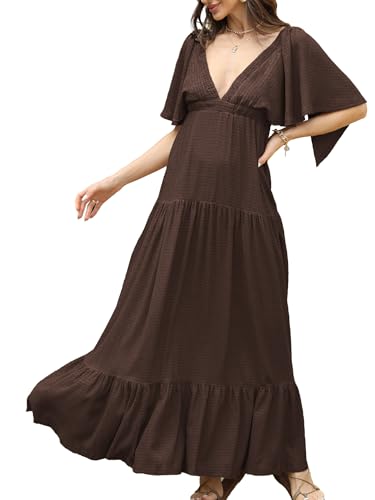 Image of Kikibell Women Summer Dresses Sexy V-Neck Maxi Dress Tiered Silhouette with Flutter Sleeve Backless Elastic Waist Flowy Dress