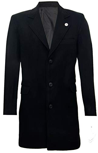Mens 3/4 Long Wool Black Crombie Overcoat Jacket Blinders Trench Slim Fit Coat 36