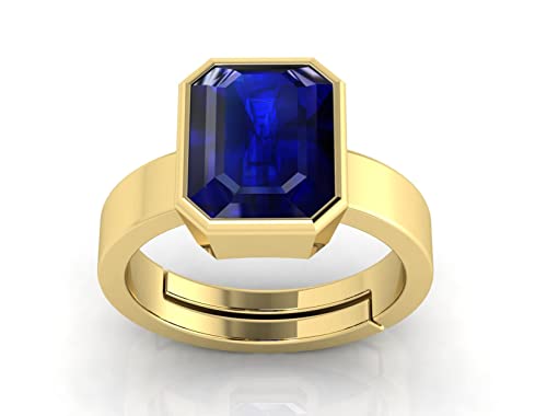Kirti Sales Anillo chapado en oro con zafiro azul natural de 17,25 ratti, 16,00 quilates, certificado sin calefacción, para mujeres y hombres, Anillo de piedras preciosas ajustables chapado en oro