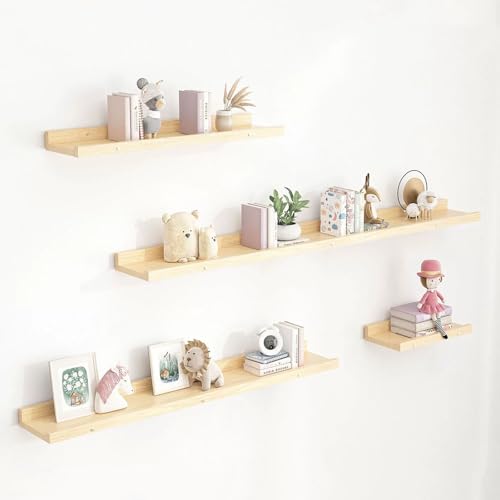 Juego de 4 Estanteria Pared Rústica, Baldas Flotantes Pared, Estante Organizador Colgante for Baño, Dormitorio, Sala de Estar, Estudio y Comedor