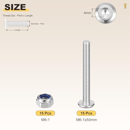 Image of METALLIXITY Crib Screws Replacement Set(M6-1x50) 30Pcs, Silver Tone, 304 Stainless Steel Hex Socket Screws with Lock Nuts - for Furniture Woodworking Project, Silver Tone