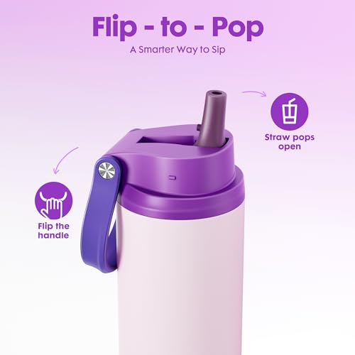 Image of Meoky 24 oz Insulated Water Bottle: Flip-to-Pop Straw, Leak Proof, 24H Cold, Fits in Car Cup Holder, Wide Mouth, BPA-Free, Stainless Steel Water Bottle for Women Teen Girls, Dreamy Field