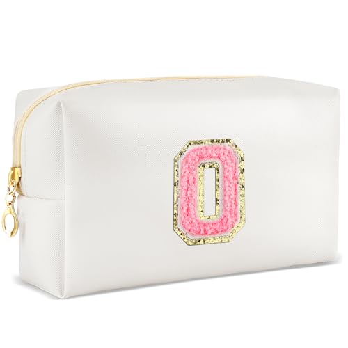 URSKYTOUS Bolsa de maquillaje con inicial personalizada, pequeña bolsa de cosméticos de viaje, bonita bolsa de maquillaje de felpilla blanca de poliuretano para bolso, organizador de artículos de