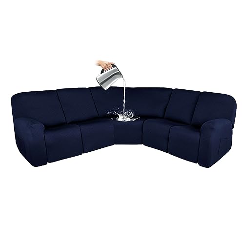 JHLD 7 Piece Sectional Couch Covers Waterproof, 5 Seater Recliner Cover L Shape Recliner Chair Cover With Elastic Bottom Furniture Protector For Corner Sofa-navy blue-5 seater