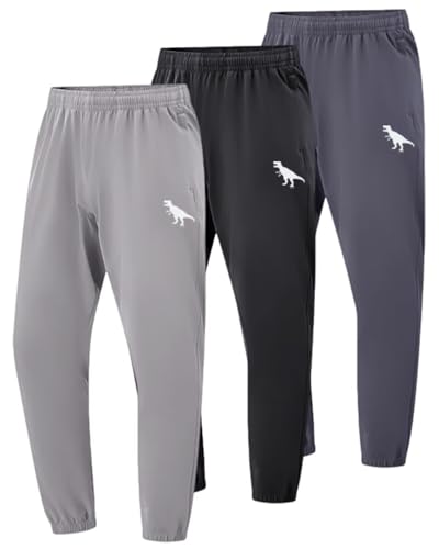 BINPAW 3 Pack Toddler Boys Active Pants Pull On Sweatpants Dinosaur Graphic Print Jogger Pants, Black/Gray/Dark Gray, 3T = Tag 100