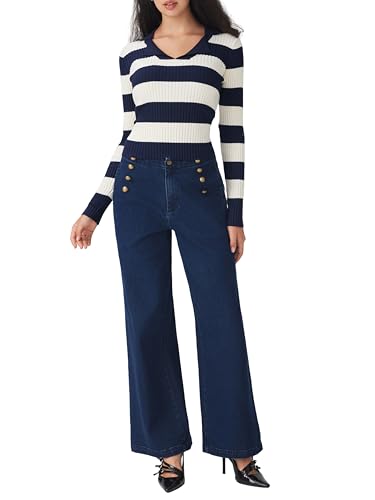 CIDER Womens 2025 Fall V Neck Long Sleeve Striped Sweater Slim Fitted Ribbed Knit Casual Pullover Polo Sweater2