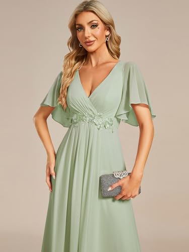 Image of Ever-Pretty Womens V Neck Applique Mother of the Bride Dresses Formal Dress | Chiffon, Short Sleeves, Ruched, A-Line, Bridesmaid Dresses, Formal Gown, Black Tie Dress
